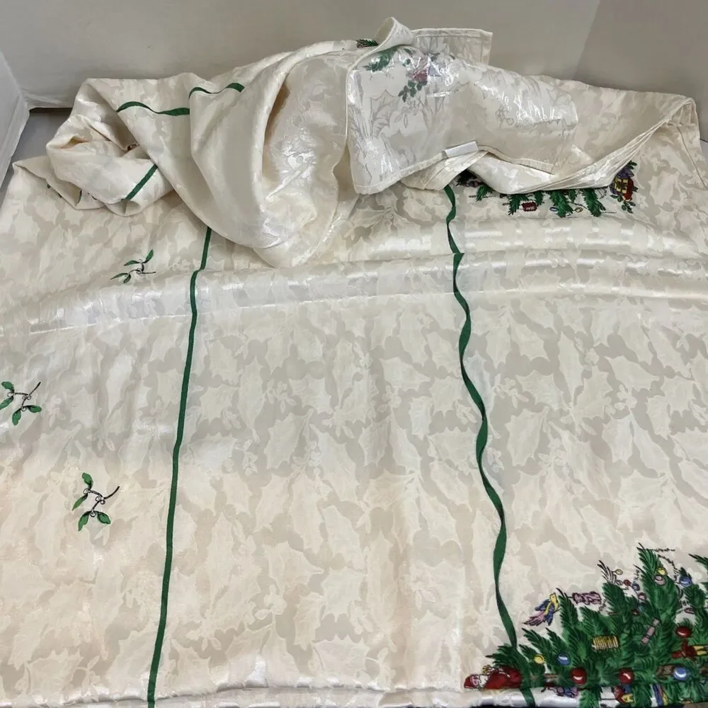 Vintage Spode Christmas Tablecloth Cloth 96”x 60” Rectangle Christmas Tree Santa